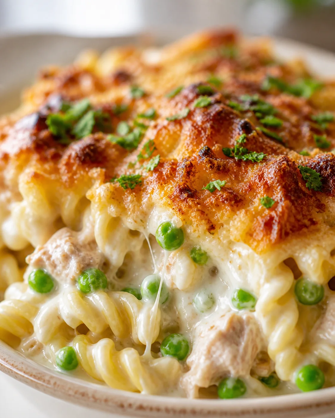 Creamy baked pasta with peas and a crisp cheesy crust.
