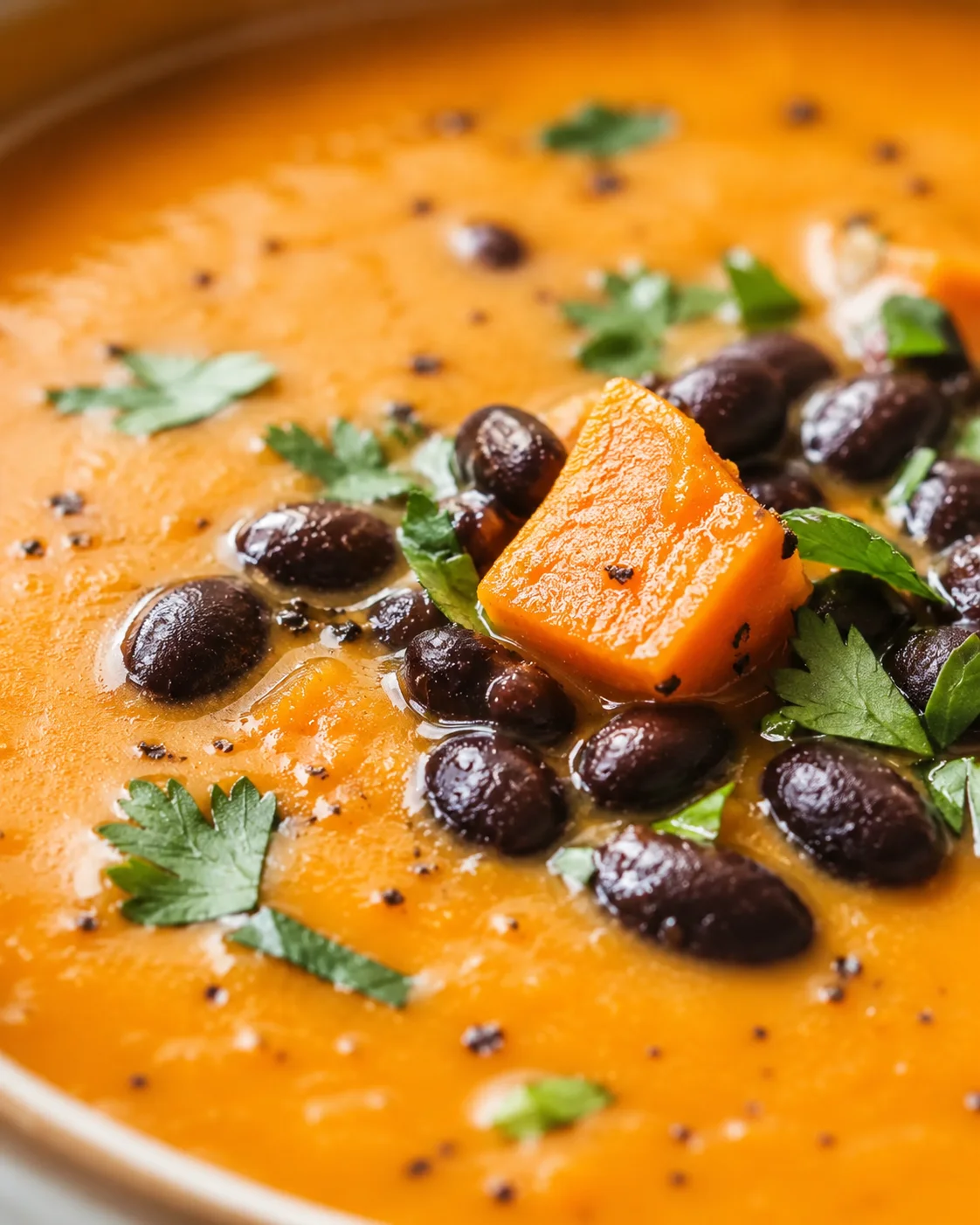 Close-up of creamy orange soup with black beans, carrot cube, and cilantro garnish