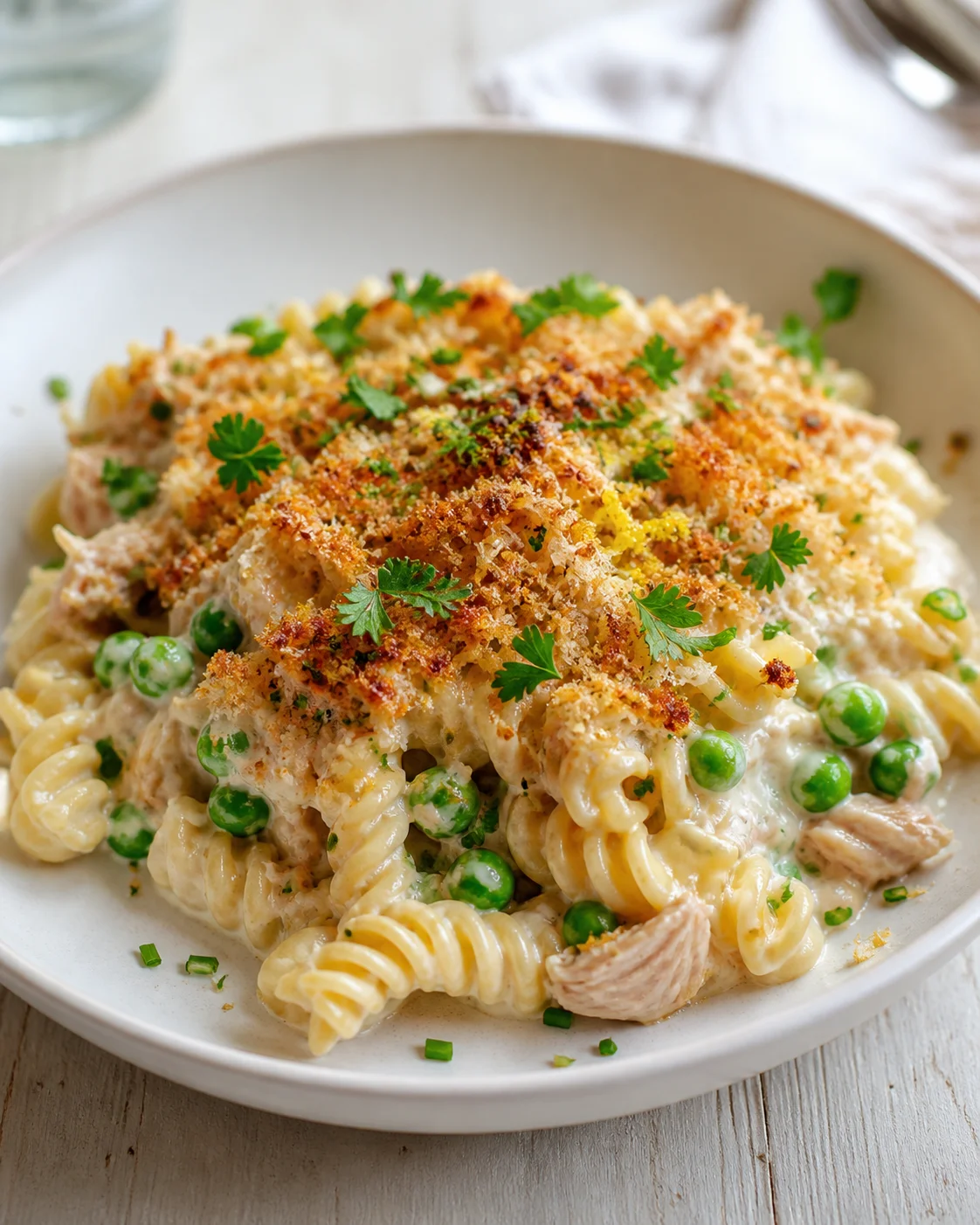 Creamy pasta with peas and chicken in a shallow white bowl, topped with crispy breadcrumbs and parsley.