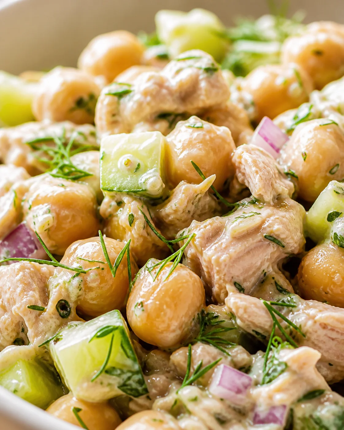 Creamy chicken and potato salad with cucumber and dill in a white bowl.