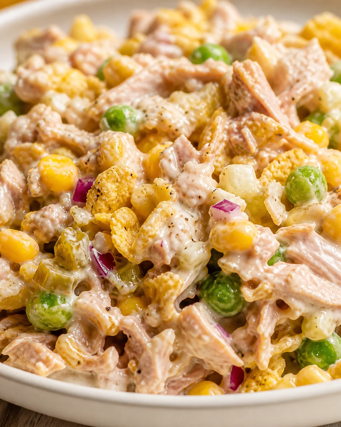 Close-up of creamy chicken salad with corn, peas, red onion, and croutons in a white bowl.