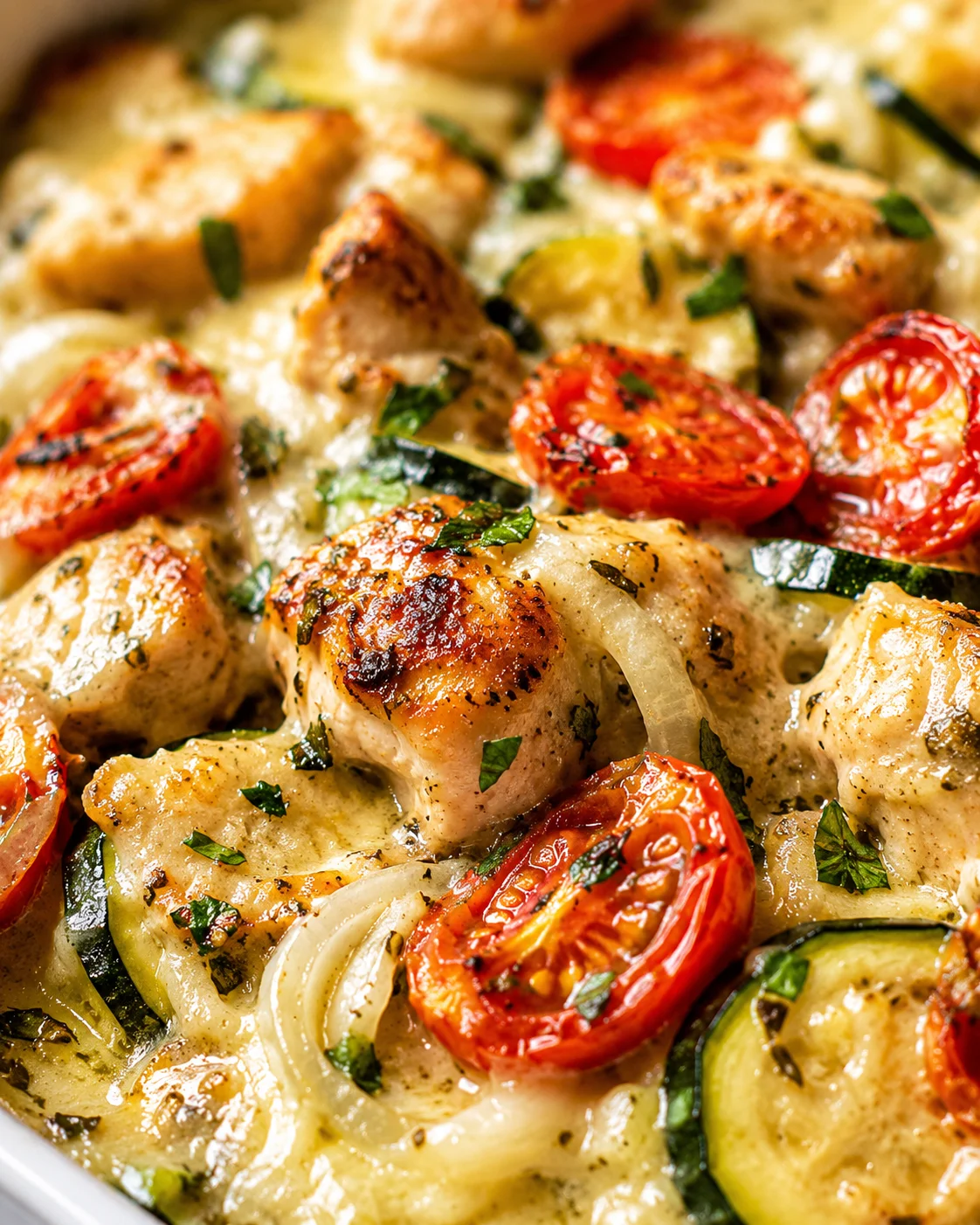 close up of creamy chicken with tomatoes, zucchini, onions, and herbs