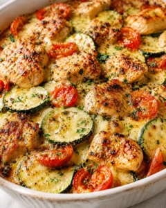 browned chicken pieces with zucchini slices and cherry tomatoes in a creamy herb sauce