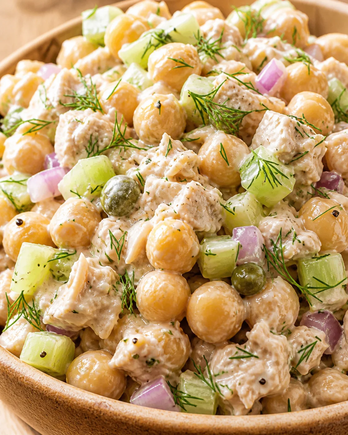 Creamy chickpea and tuna salad with cucumber, red onion, olives, and dill in a wooden bowl.