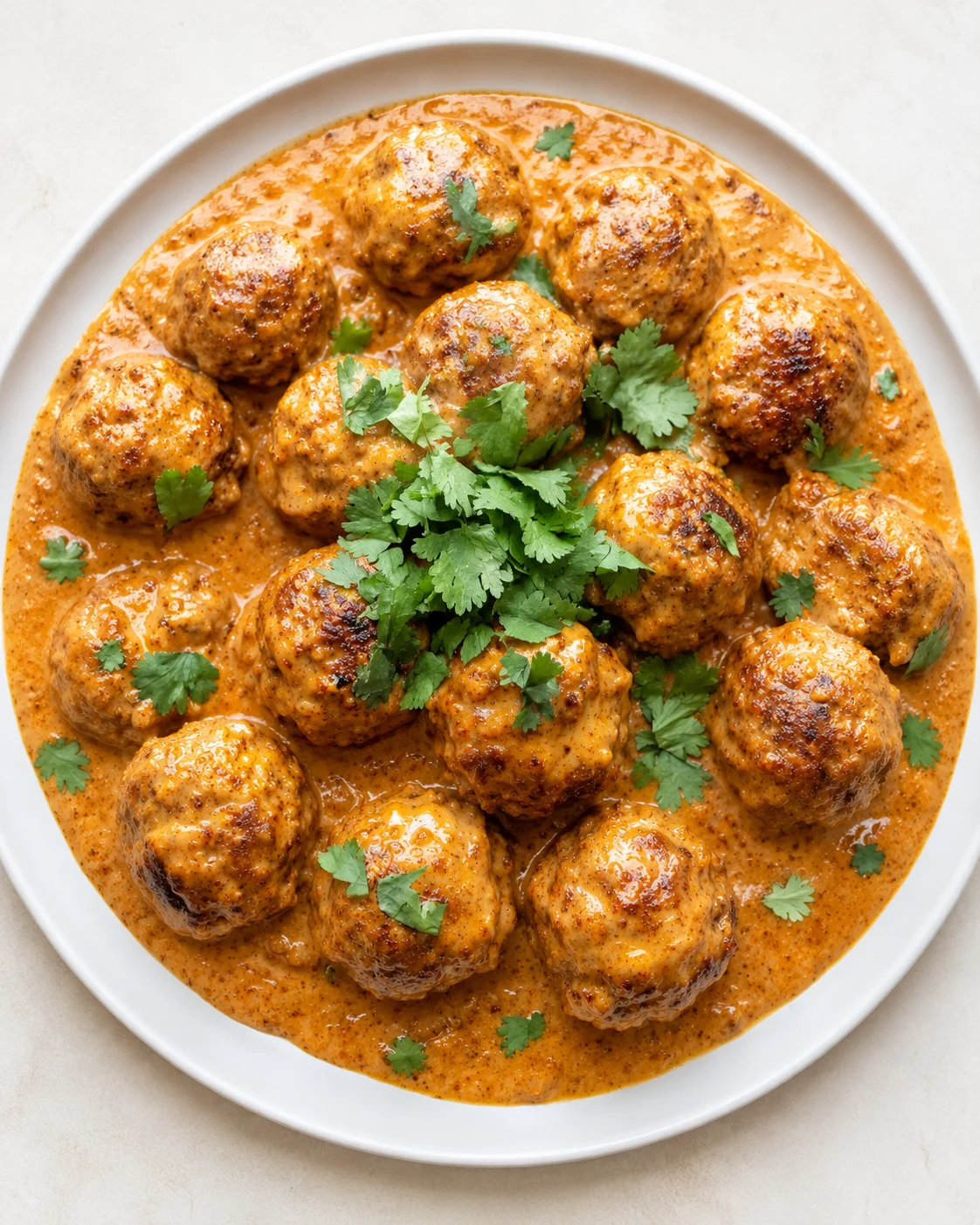 plated meatballs in orange curry sauce garnished with cilantro on a white plate
