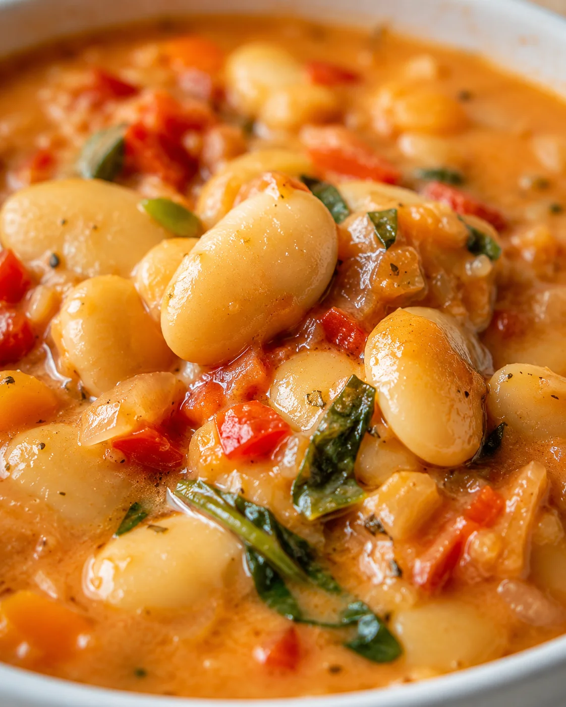 plump gnocchi in orange creamy broth with red peppers and greens in a white pot