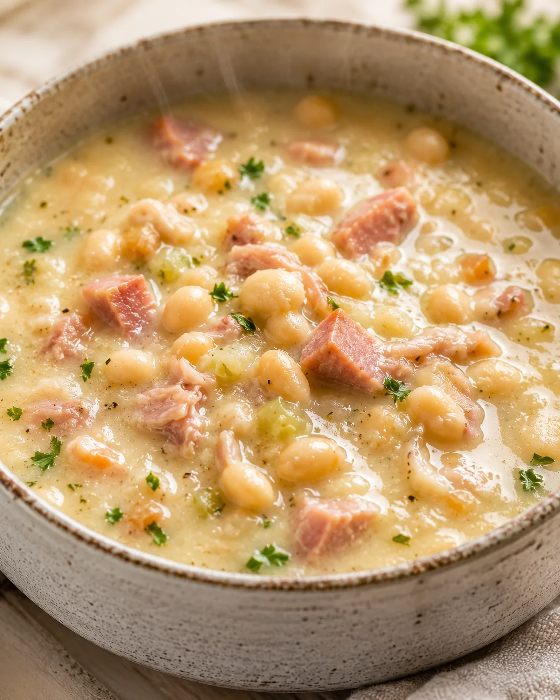 Creamy white-bean soup with ham chunks and parsley in a rustic ceramic bowl.