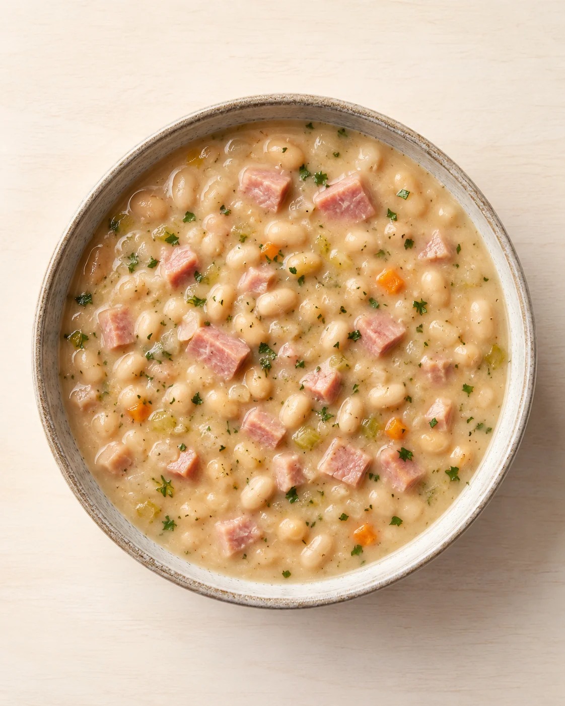 top-down view of creamy ham and white bean soup with diced carrots in a ceramic bowl