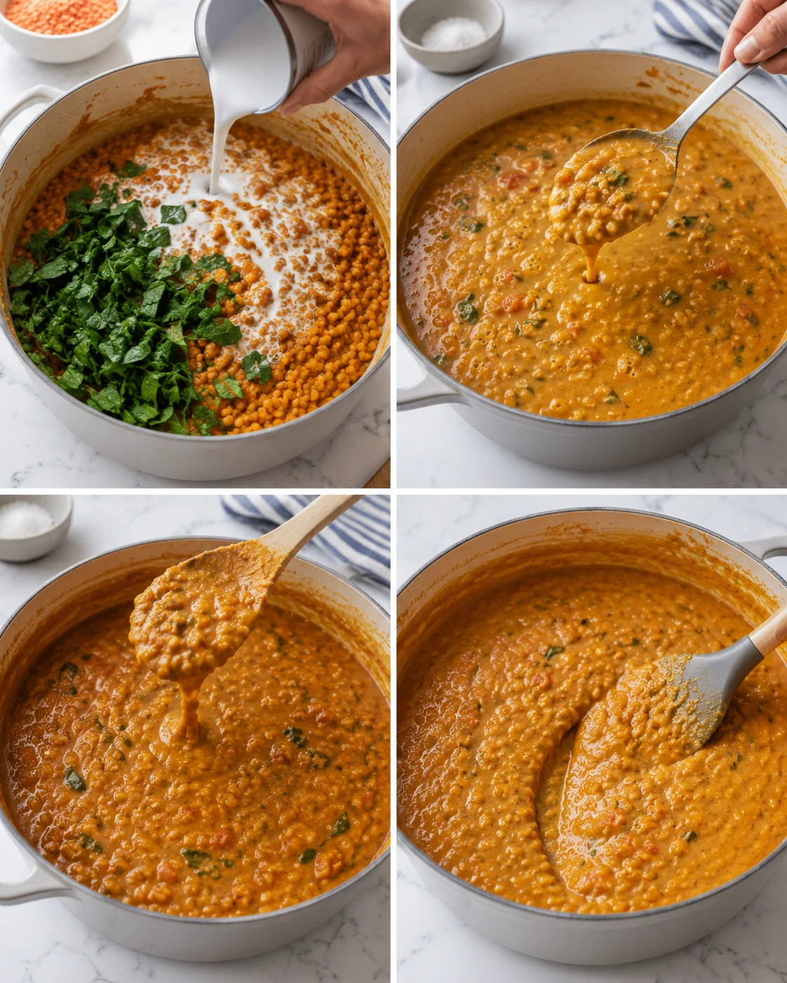 collage of a pot with orange lentil curry, coconut milk being poured, and spoonfuls scooping