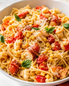 Creamy lobster pasta with cherry tomatoes, corn, basil, and grated cheese in a white bowl.