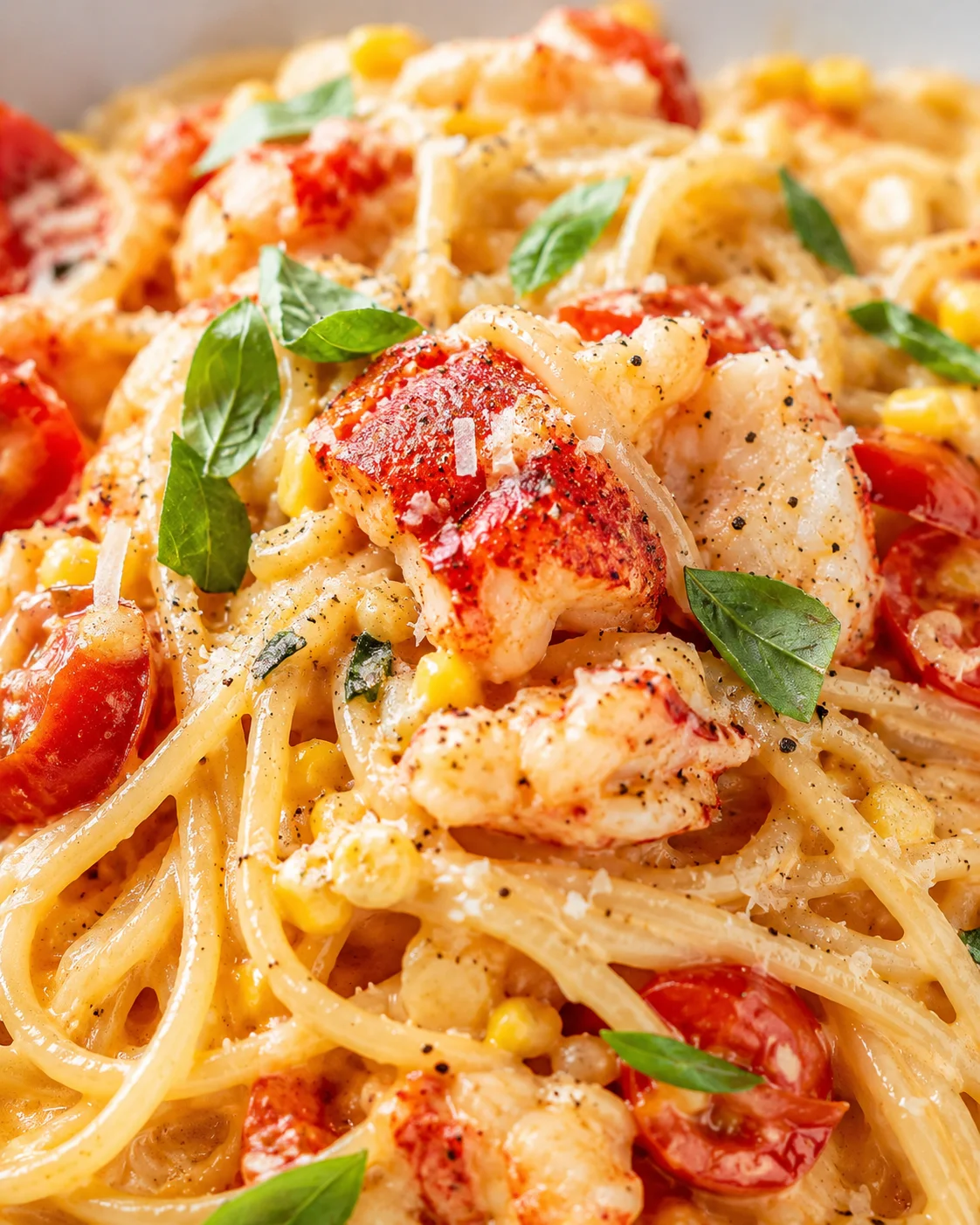 Close-up of creamy lobster pasta with cherry tomatoes, corn, and basil