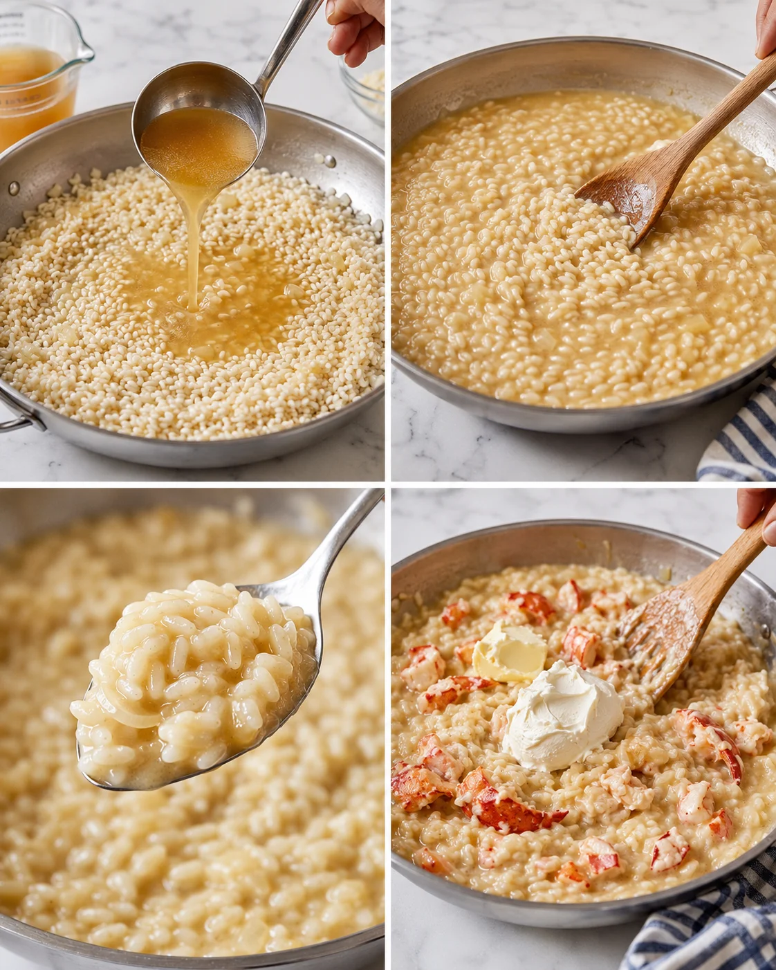 four-panel collage showing a skillet of creamy lobster risotto being prepared