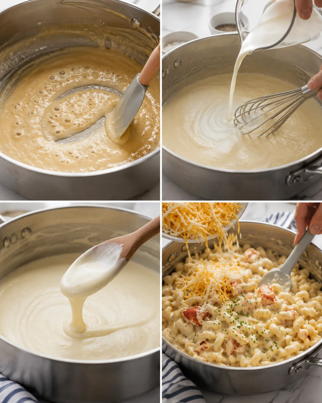 collage showing creamy sauce preparation, pouring cream, whisking, and creamy pasta dish