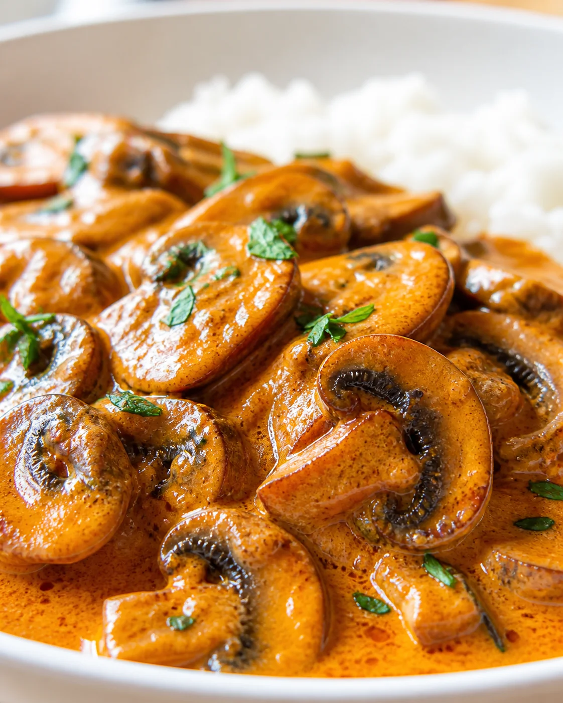 Close-up of sliced mushrooms in a rich orange curry sauce, garnished with herbs, with rice in background.