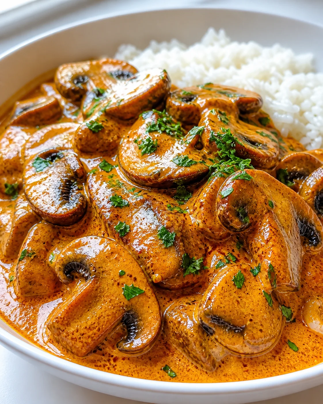 Creamy mushroom curry with white rice in a white bowl, garnished with chopped parsley.
