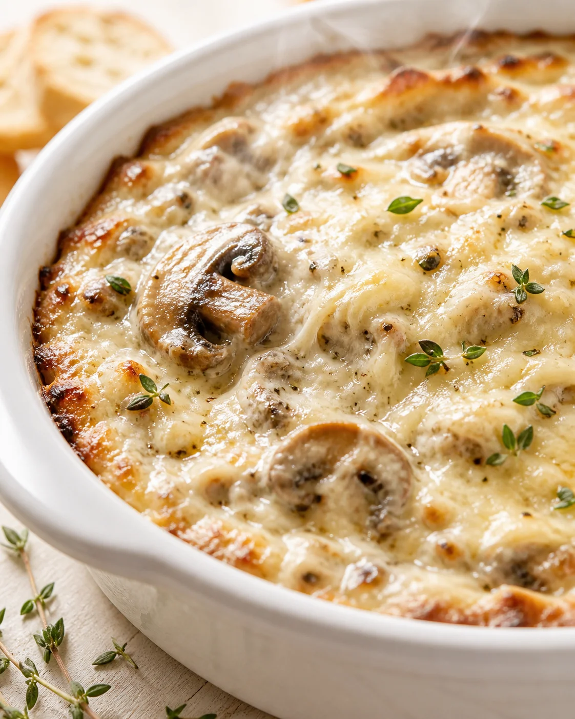 creamy mushroom-gratin in a white dish with thyme on a wooden table, bread in background