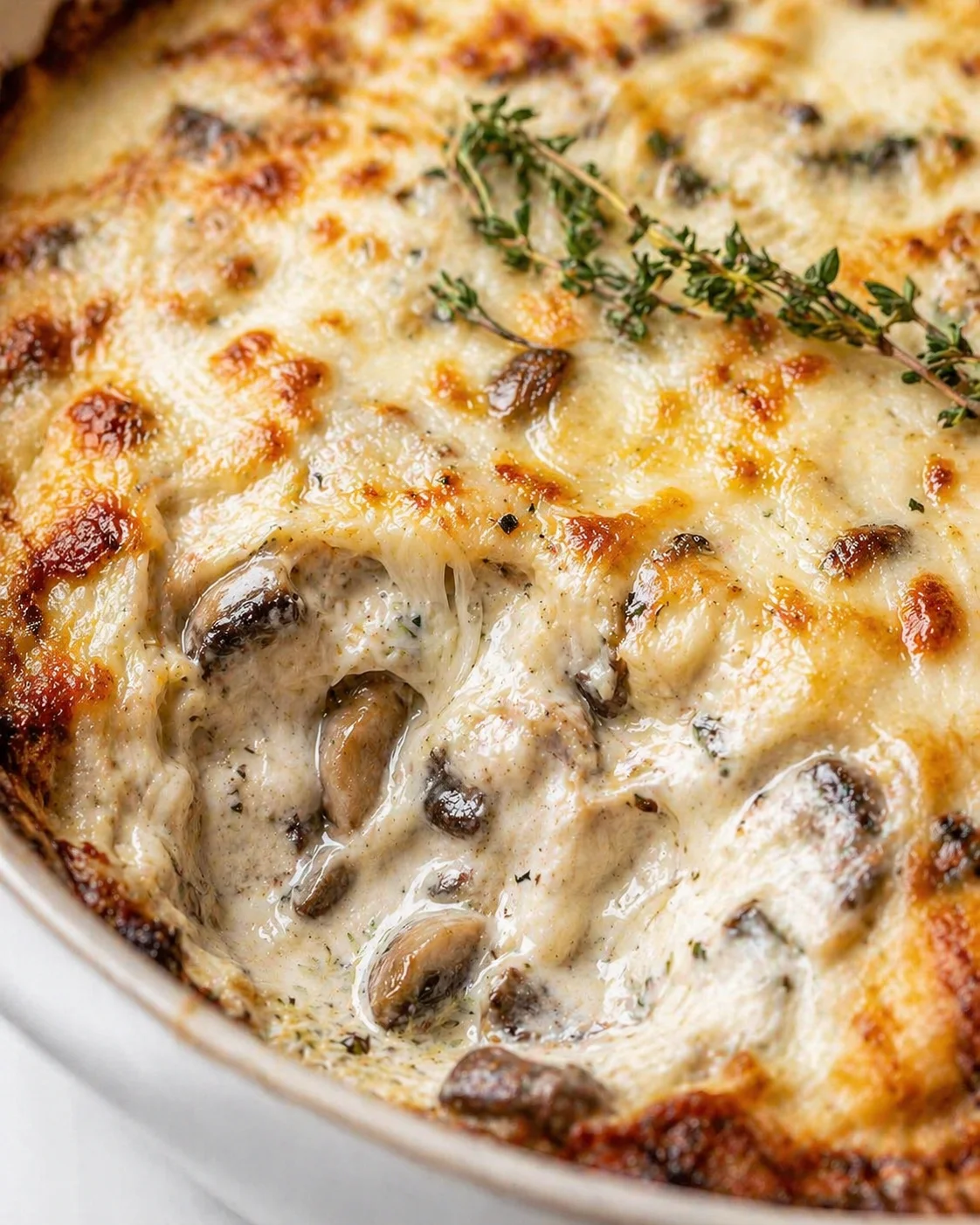 close-up of bubbling cheesy mushroom gratin with thyme on top