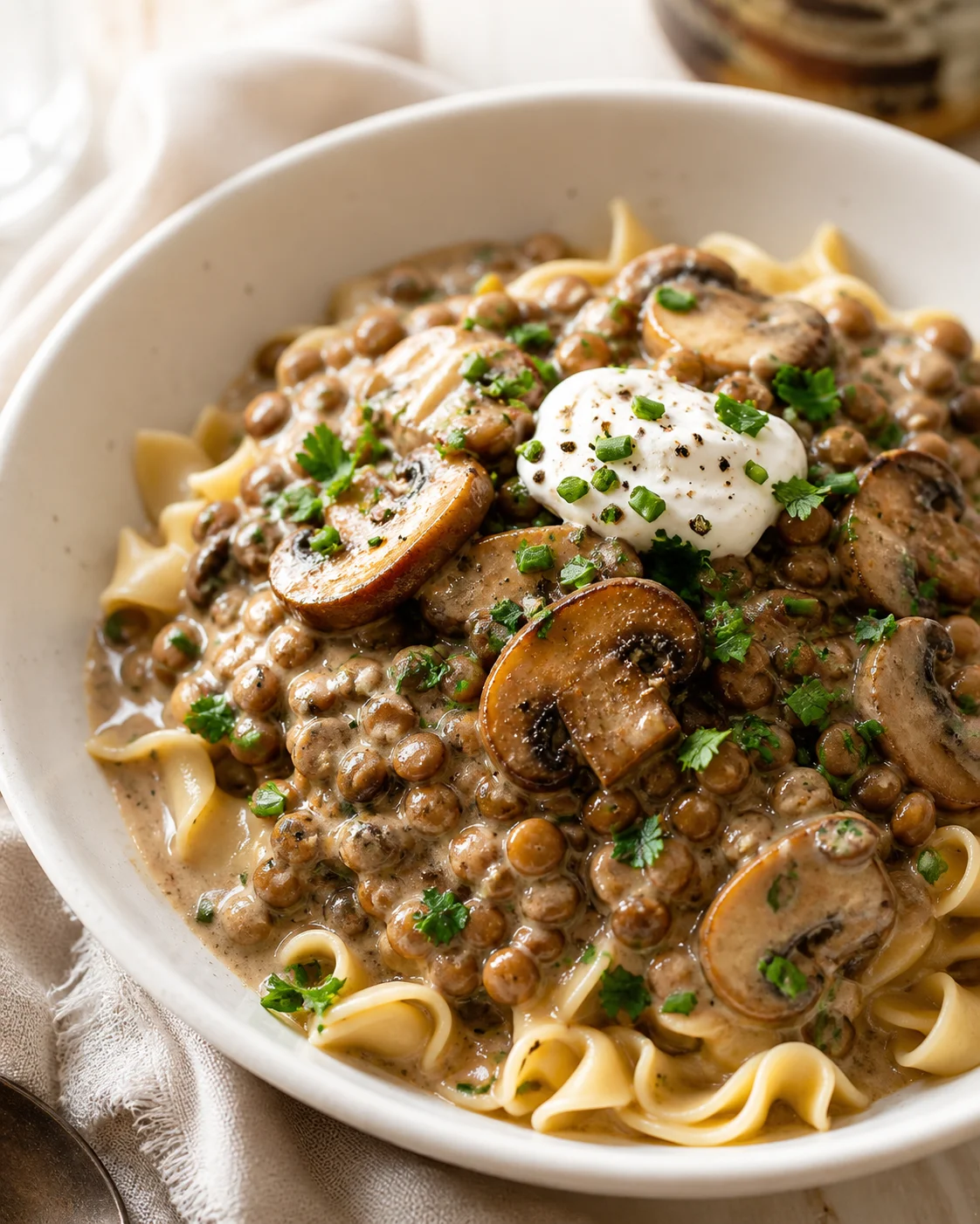Creamy mushroom-lentil pasta topped with a poached egg and herbs in a white bowl