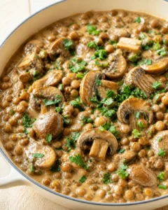 creamy mushroom and lentil stew in a light skillet, garnished with parsley