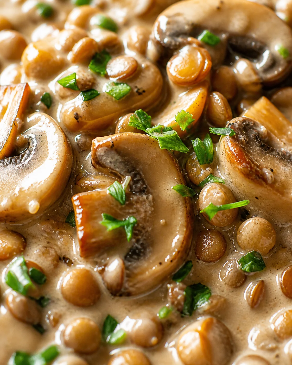 Close-up view of a creamy mushroom and lentil dish, garnished with chopped parsley.