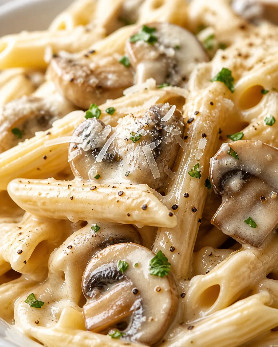 Close-up of creamy pasta with mushrooms, parmesan shavings, and chopped parsley.