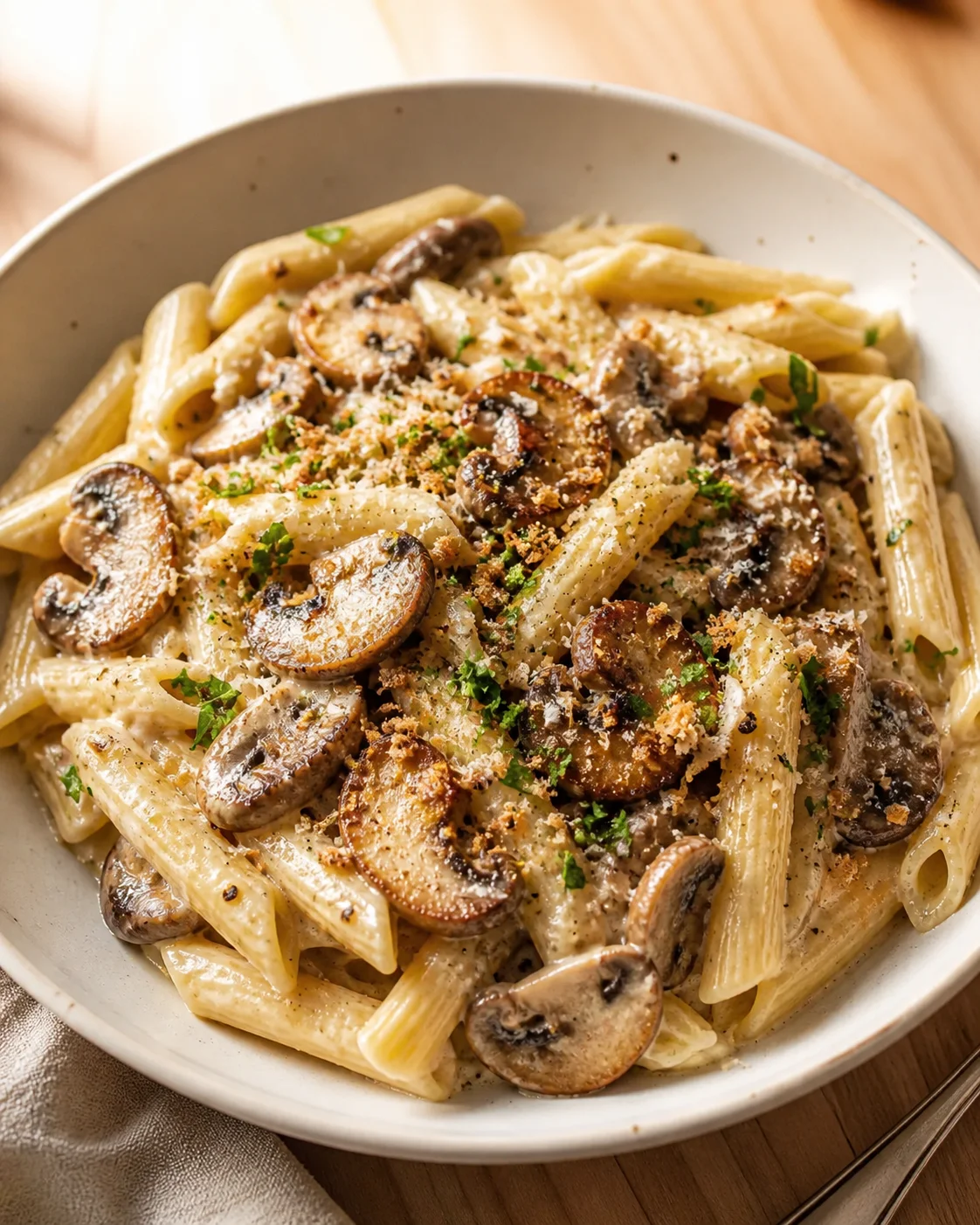 Creamy pasta with mushroom slices topped with cheese and parsley in a white bowl.