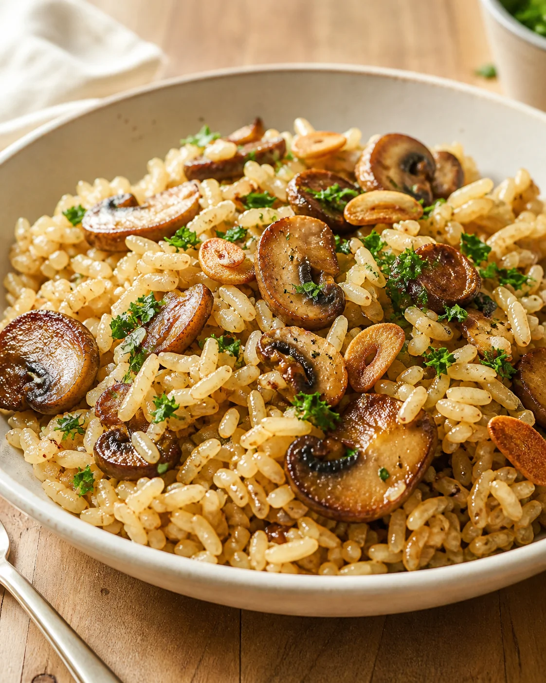 Creamy mushroom risotto with browned mushrooms, chopped parsley, and a glossy sauce in a light grey bowl.