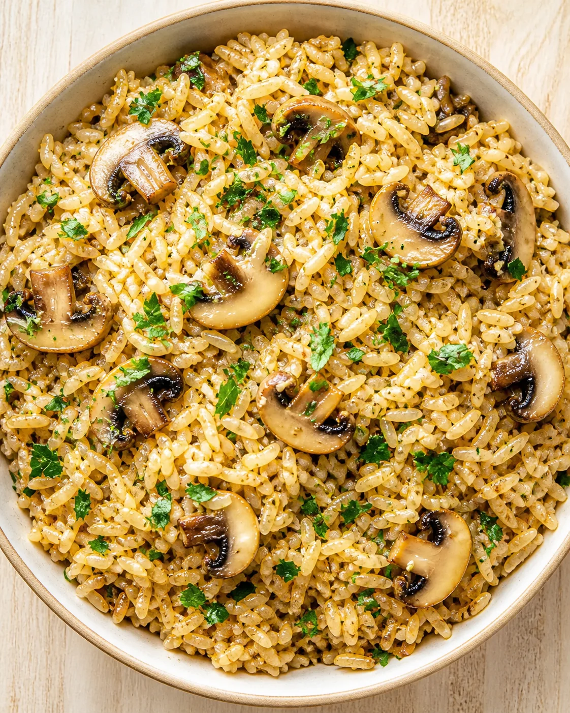 Top-down view of a beige bowl of mushroom risotto with parsley and sliced mushrooms.