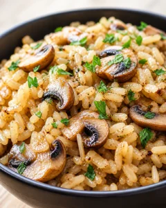 Close-up of creamy mushroom risotto with browned mushrooms and parsley in a black bowl.