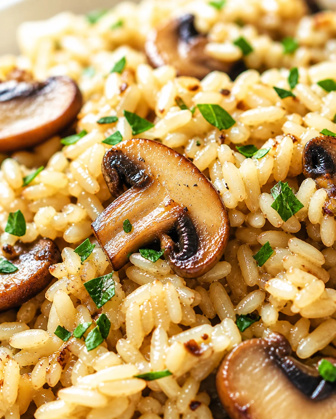 close-up of creamy mushroom risotto with browned mushrooms and parsley garnish