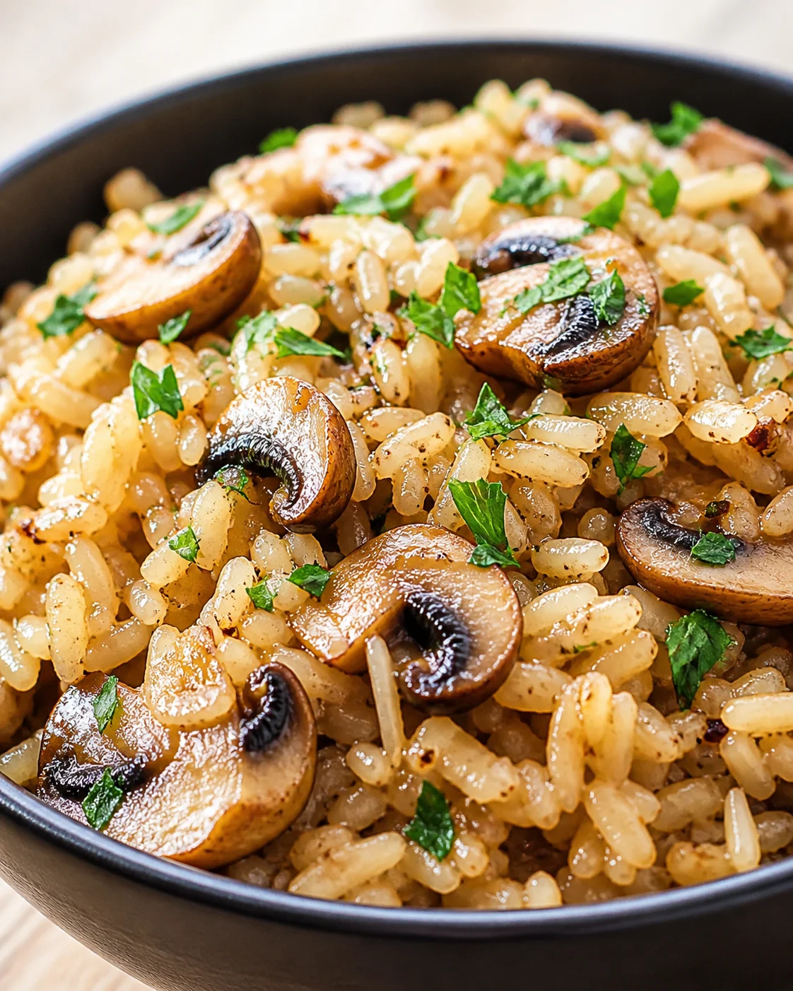 Close-up of creamy mushroom risotto with browned mushrooms and parsley in a black bowl.