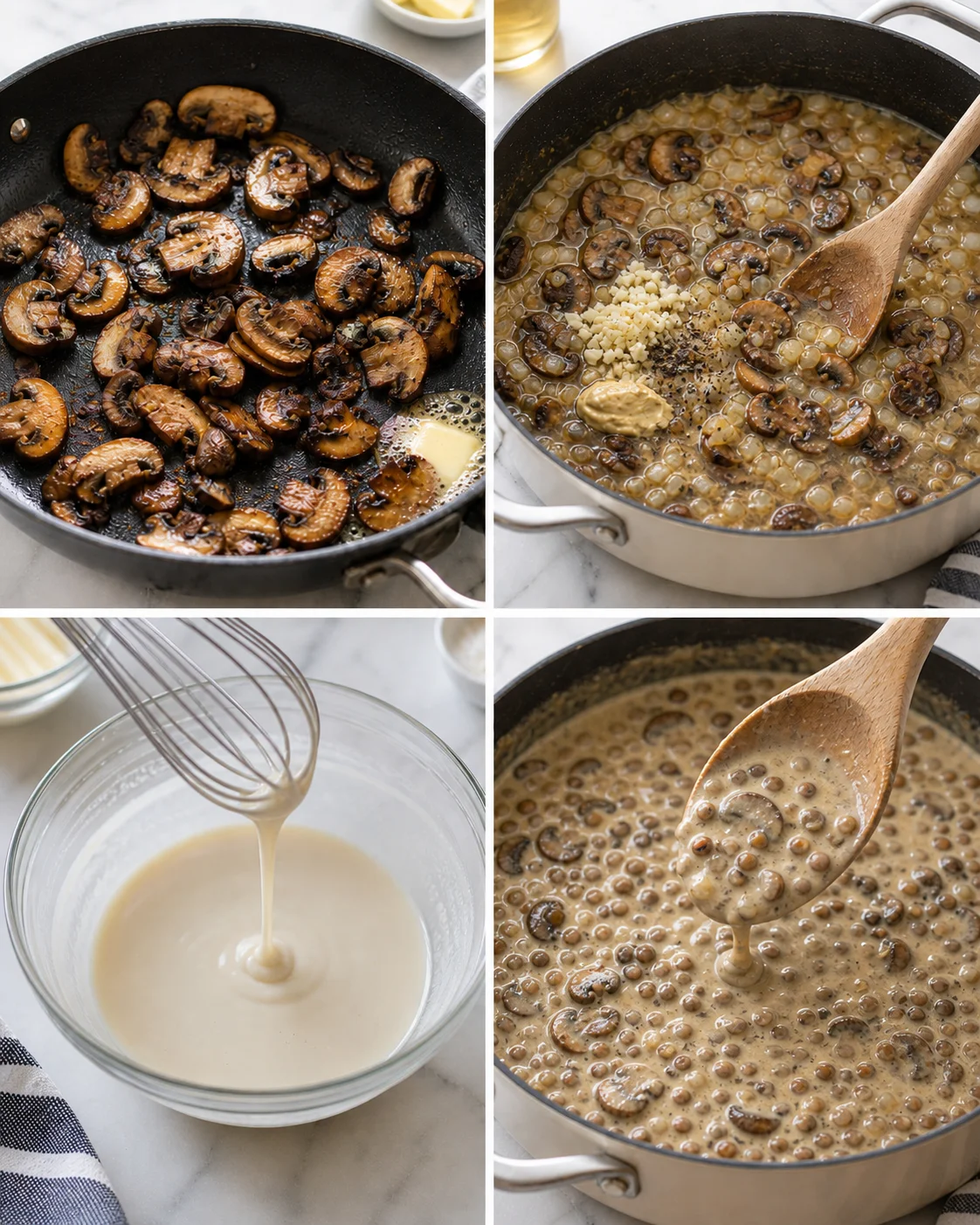 Four-panel collage showing sautéed mushrooms, onion-mushroom mixture, whisked cream, and a thick mushroom sauce.