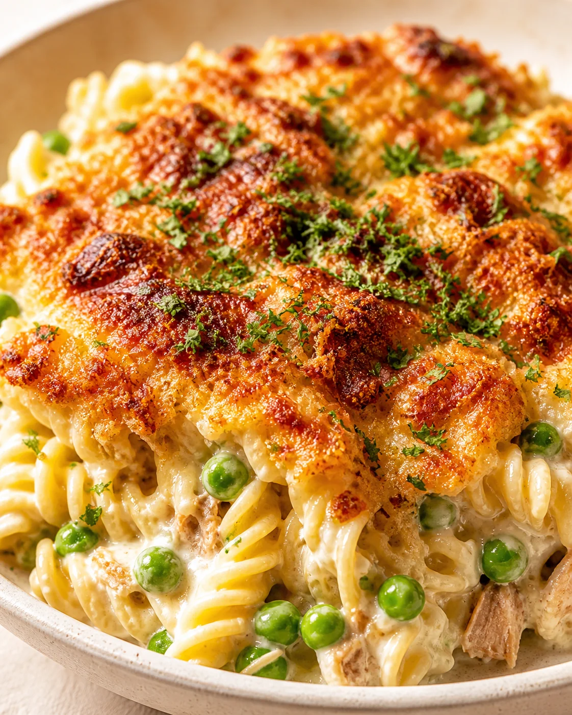 Creamy fusilli pasta with peas and a golden-brown crispy topping