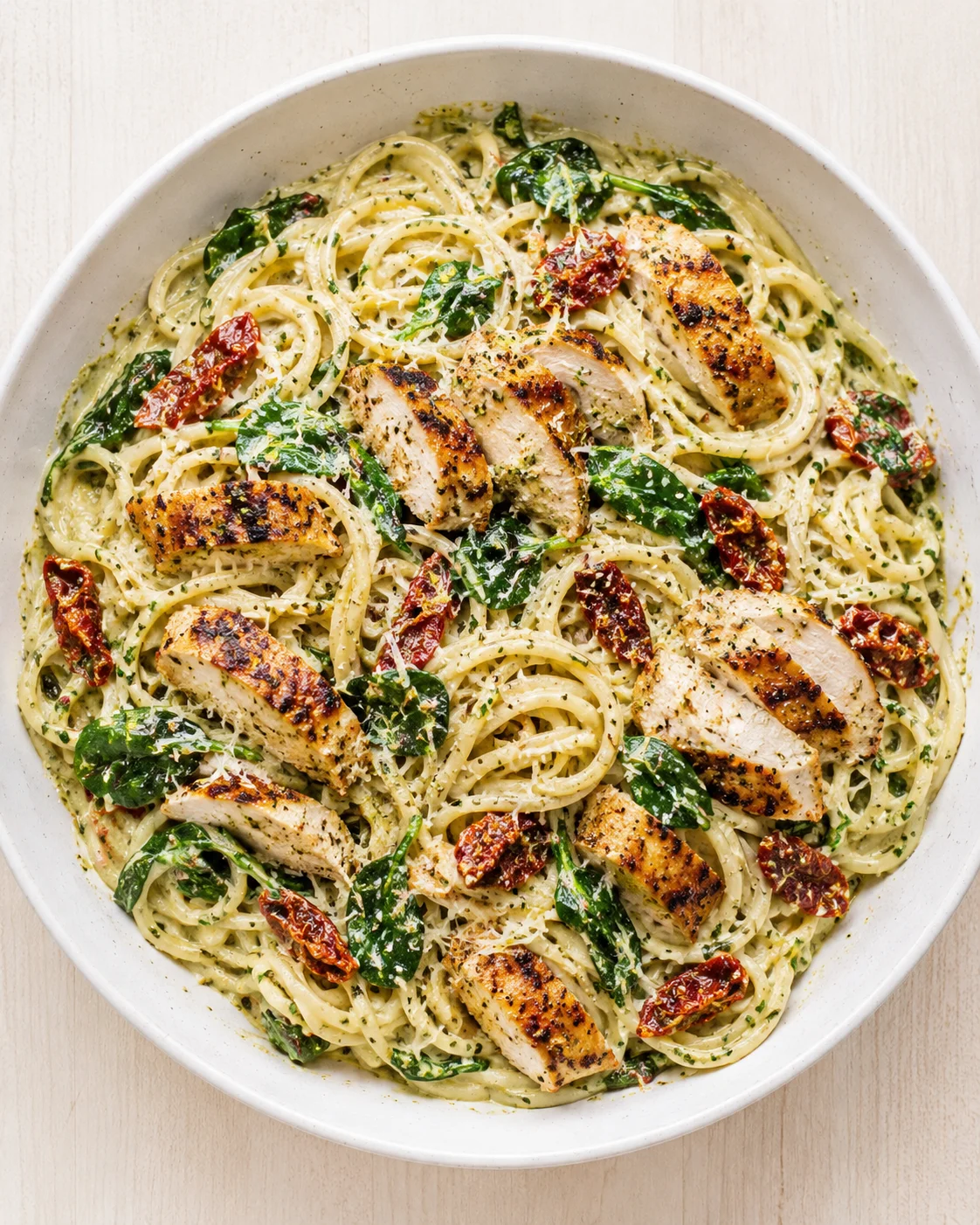 Creamy spaghetti with grilled chicken slices, spinach, and sun-dried tomatoes in a white bowl.