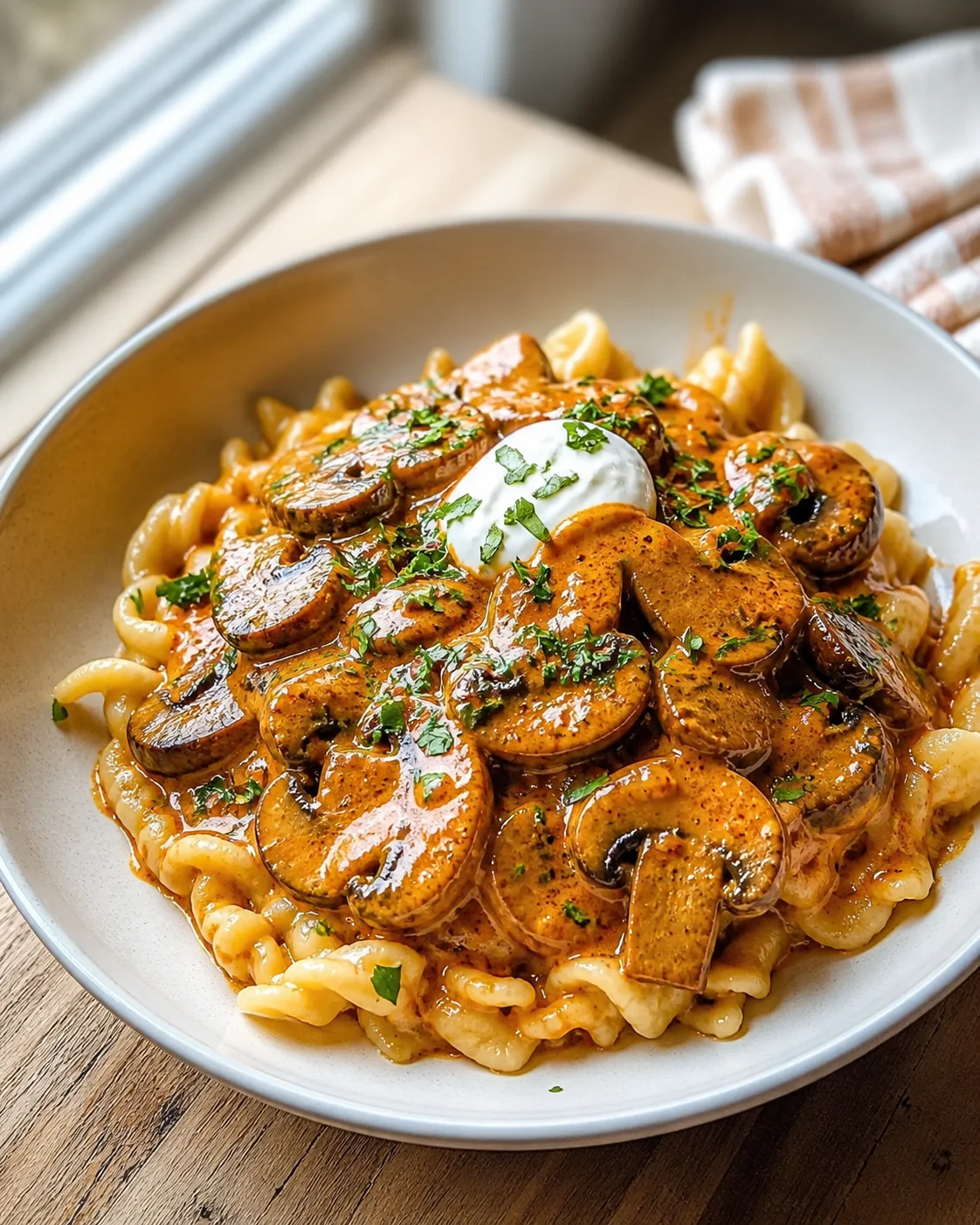 Plate of creamy pasta with sausage slices, mushrooms, and a dollop of cream, garnished with parsley