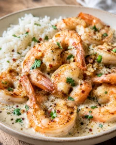 Shrimp in a creamy sauce with rice, sprinkled with parsley and red pepper flakes.