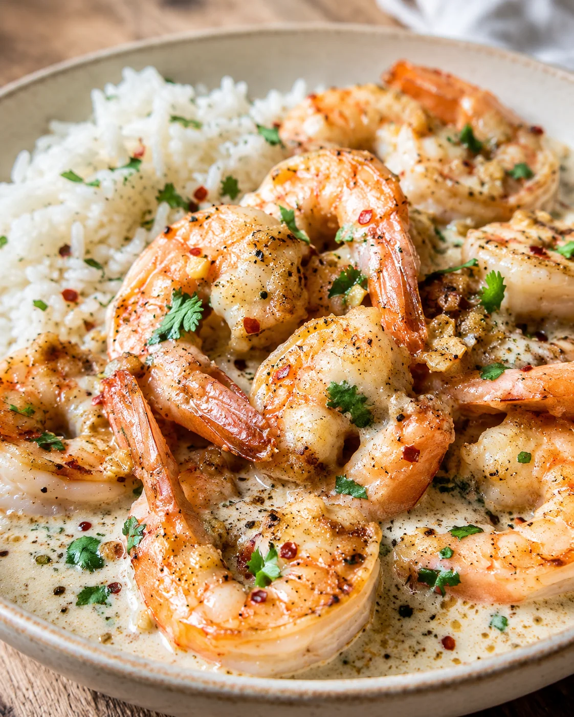 Shrimp in a creamy sauce with rice, sprinkled with parsley and red pepper flakes.
