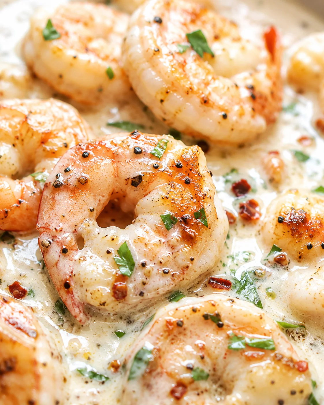 Close-up of shrimp in a creamy garlic butter sauce garnished with parsley and pepper.
