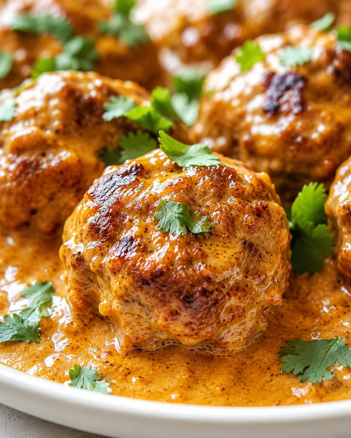 close-up of golden-brown meatballs in orange curry sauce, garnished with cilantro