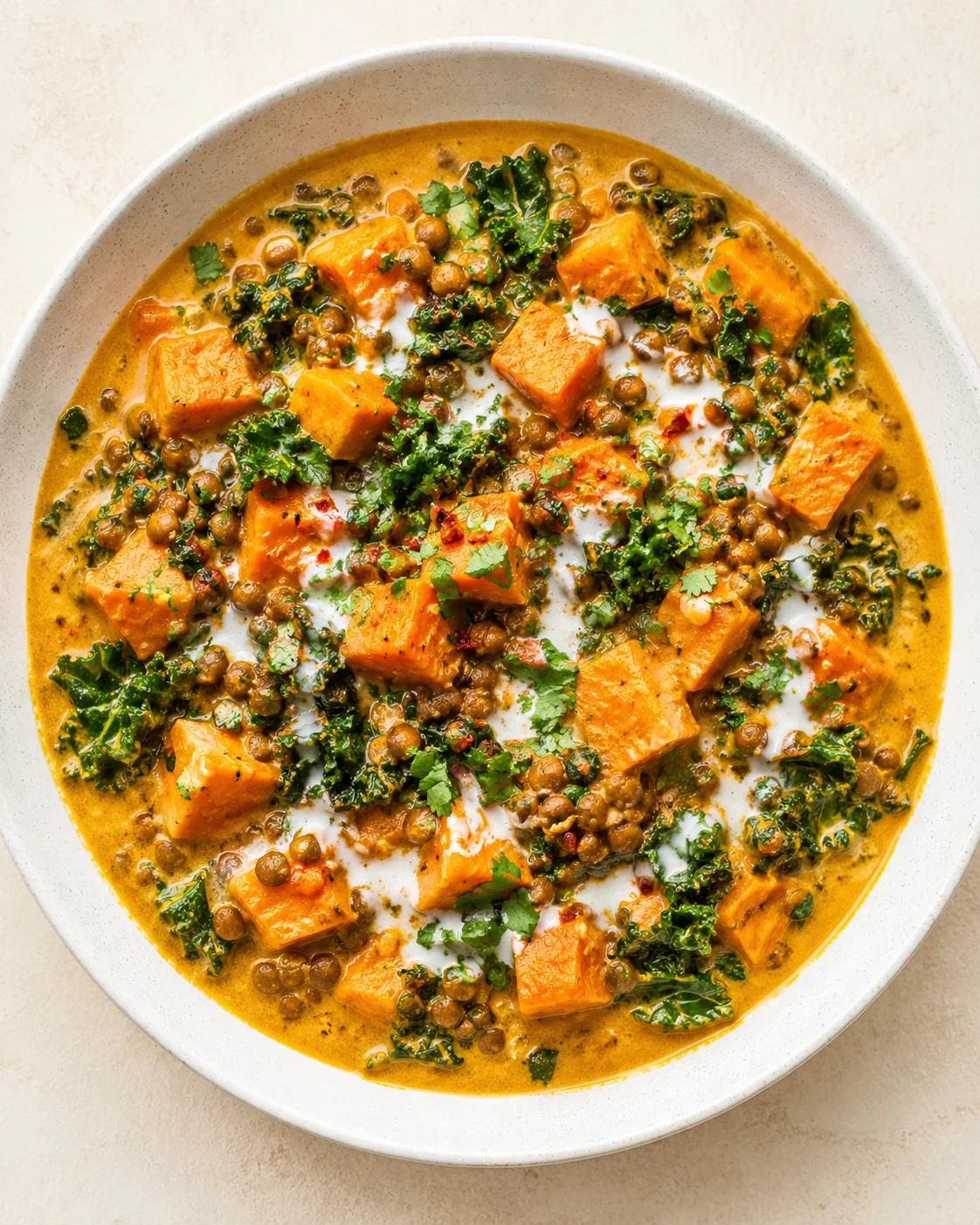 Top-down view of a creamy orange curry with sweet potato cubes, kale, lentils, and cilantro.