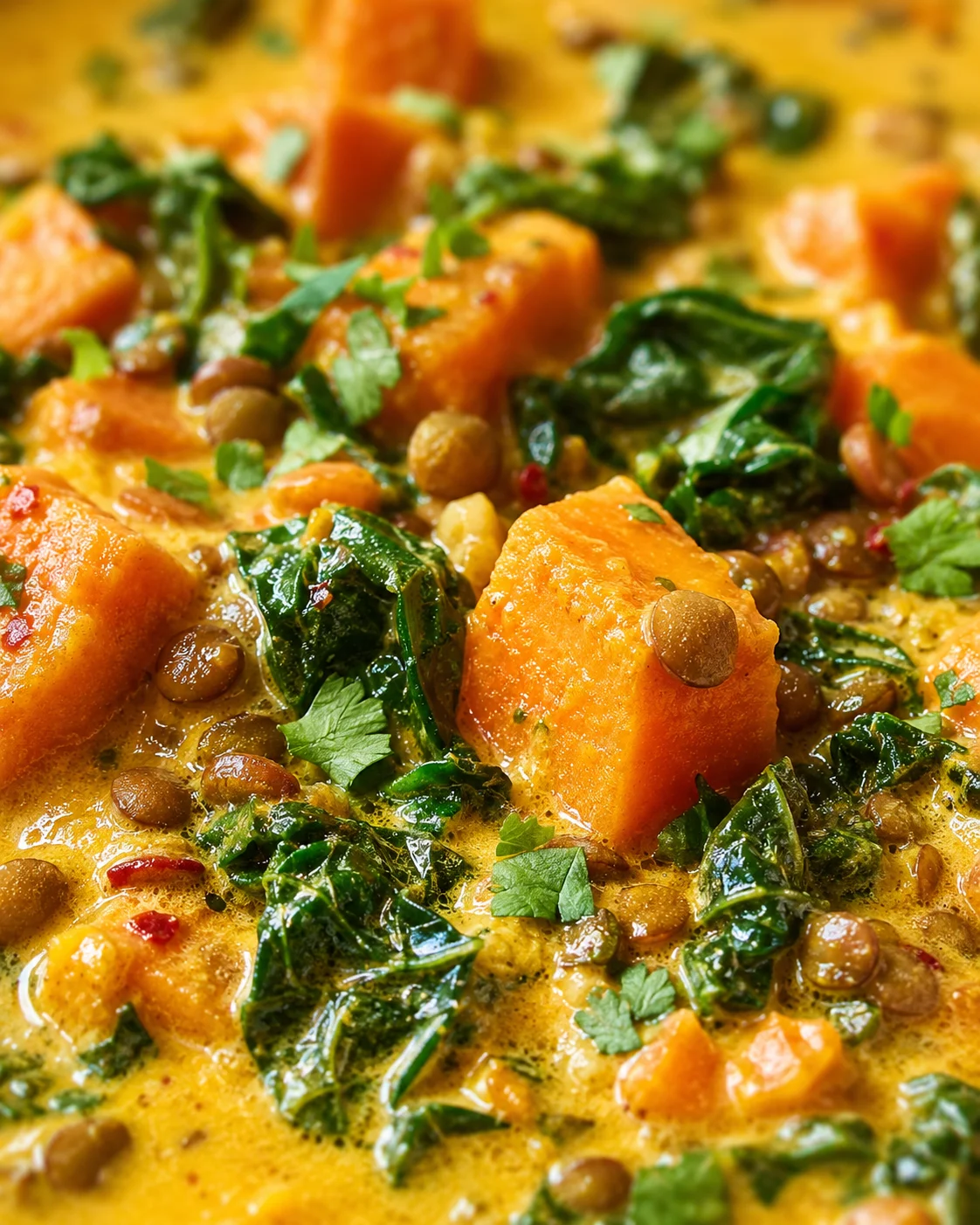 close-up of a bubbling curry with orange sweet potato chunks, greens, lentils, and herbs in a golden sauce
