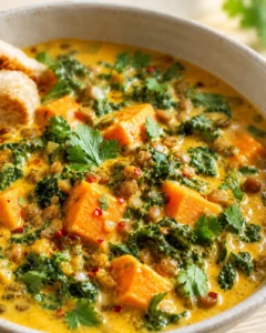 creamy yellow curry with sweet potato chunks, lentils, and cilantro in a rustic ceramic pot.