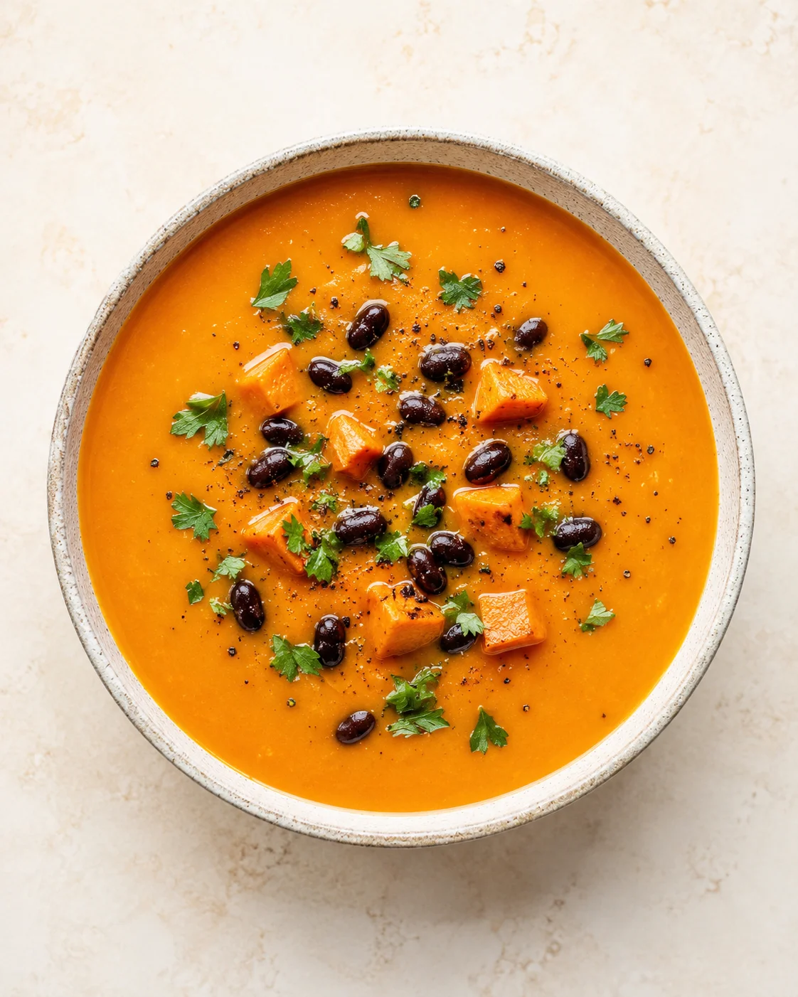 Top-down view of orange creamy soup with sweet potato cubes, black beans, and cilantro in a ceramic bowl