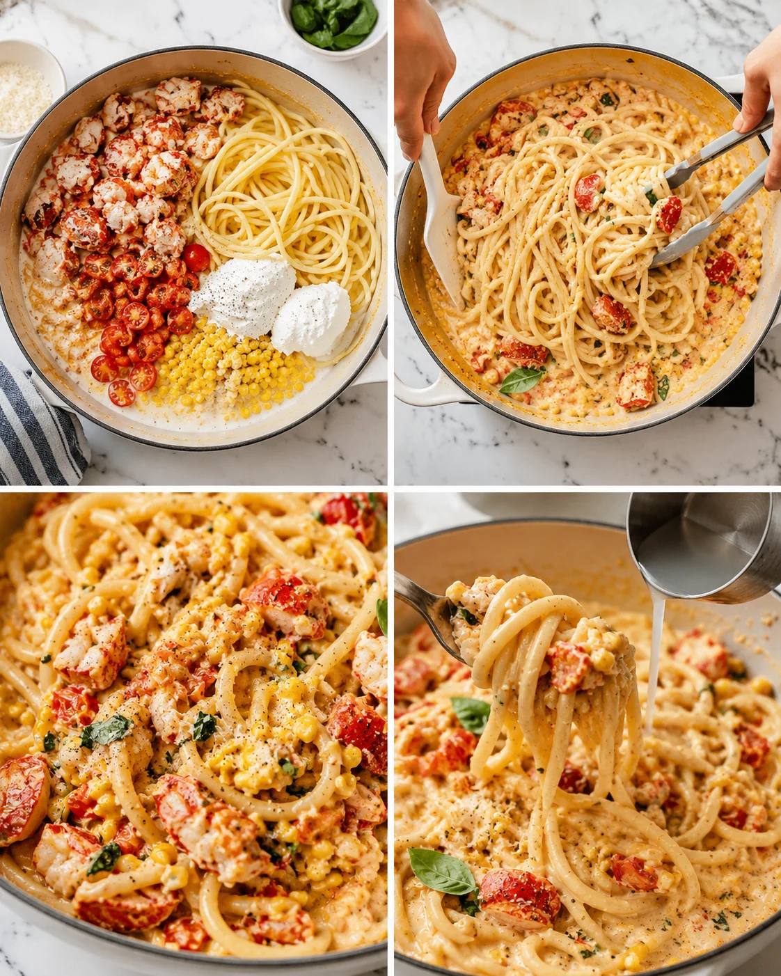 collage showing steps of creamy tomato chicken pasta being prepared in a pot