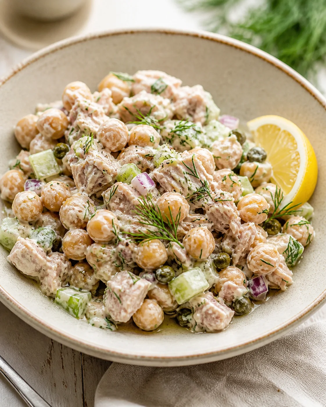 Creamy tuna and chickpea salad with cucumber, red onion, dill, and lemon wedge in a beige bowl