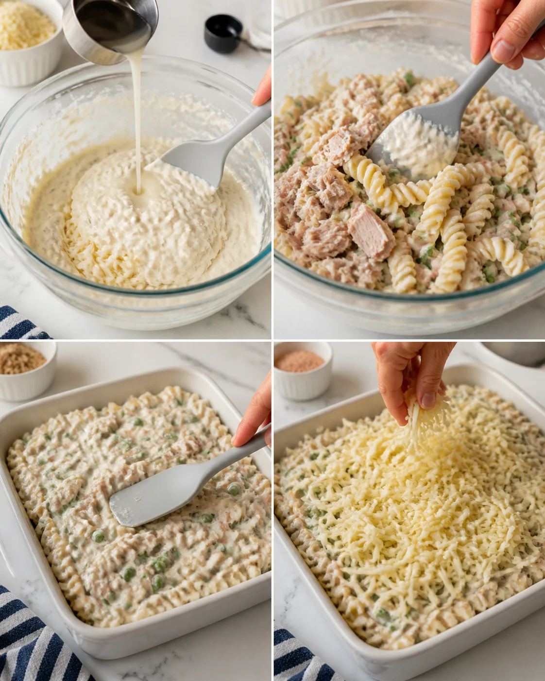 Four-panel collage showing steps to make creamy tuna noodle casserole with sauce, mixed filling, and cheese topping.