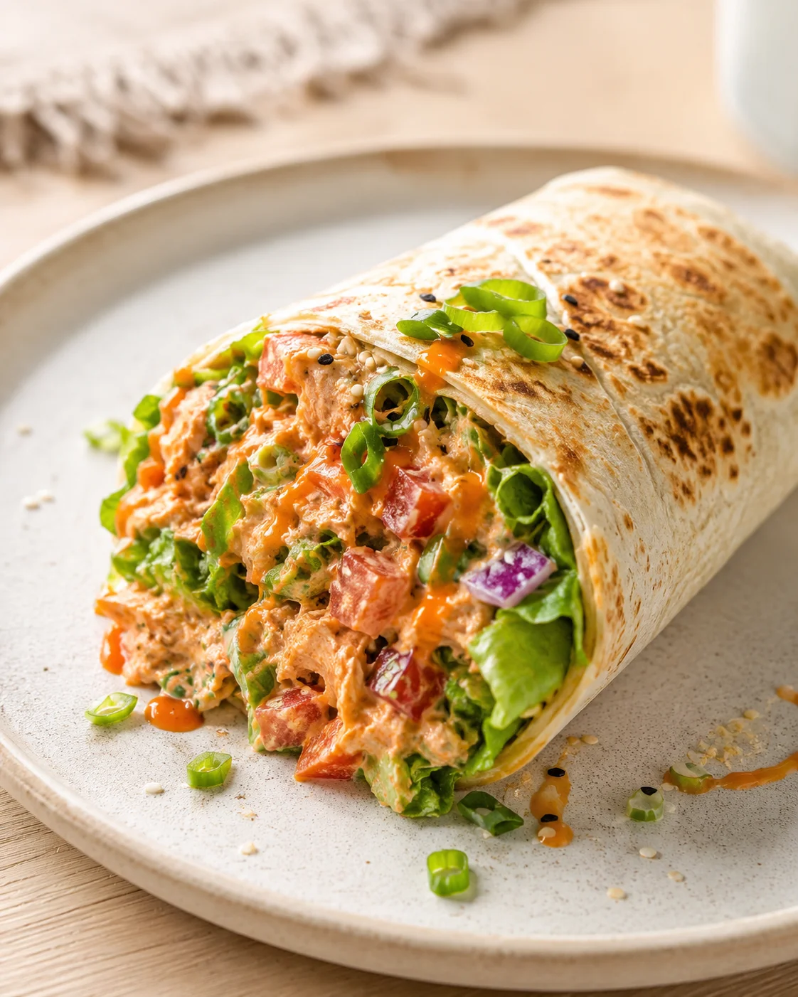 grilled tortilla wrap on plate filled with lettuce, tomatoes, onions and creamy veggie filling