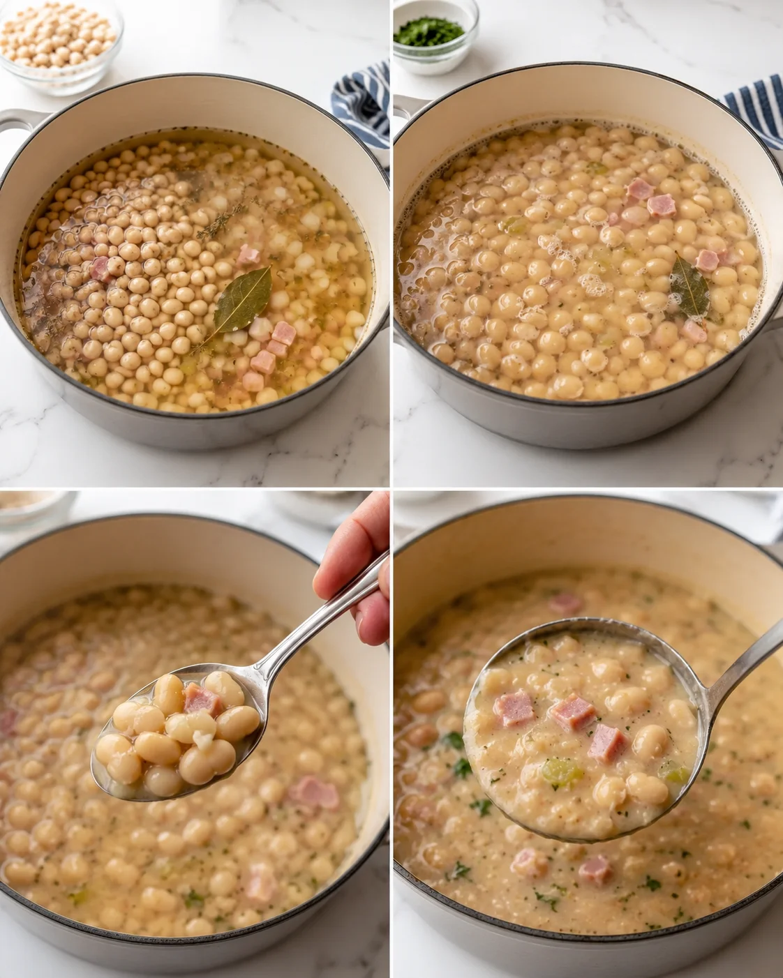 Collage of a pot of creamy white bean soup with ham, bay leaves, and herbs.