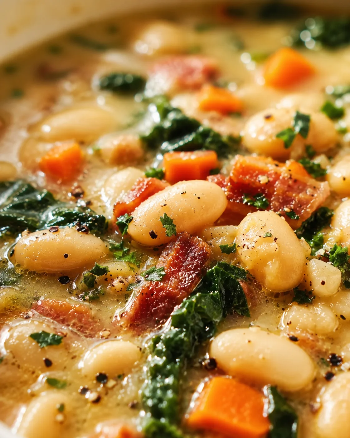 Creamy white-bean soup with kale, bacon, and diced carrots in a savory broth.