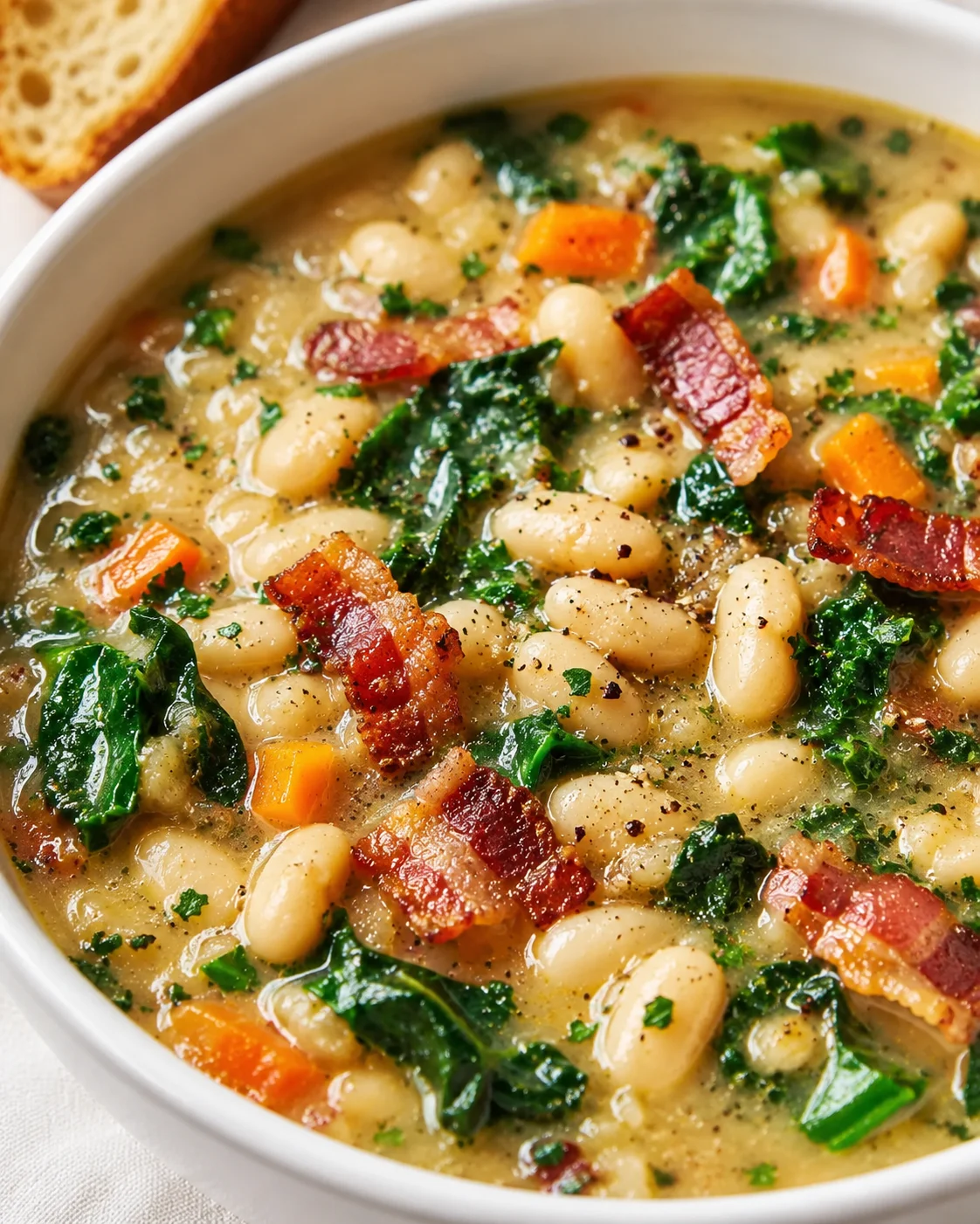 Creamy white bean soup with kale, carrots, and crispy bacon in a white bowl